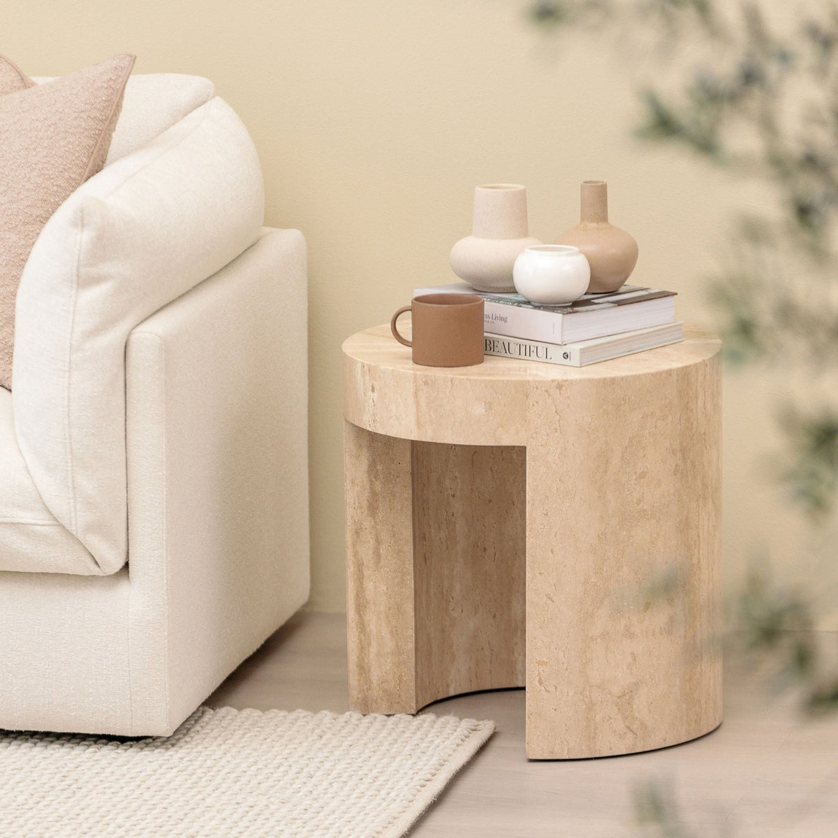 Arno Round Side Table - Travertine - Side Tables Loom Collection Loom Collection Dubai