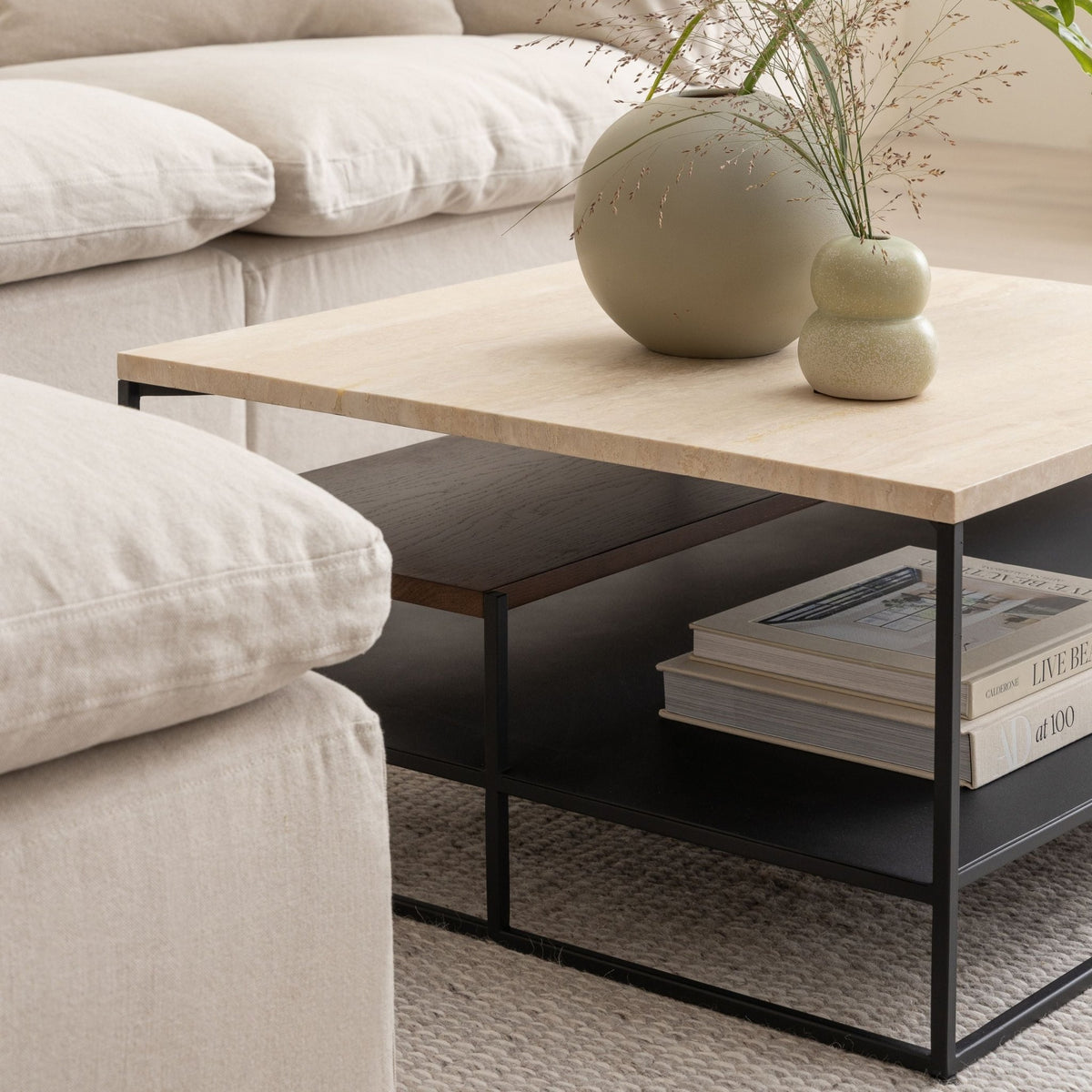 Podium Coffee Table - Travertine & Smoked Oak - Coffee Tables Tolv Loom Collection Dubai