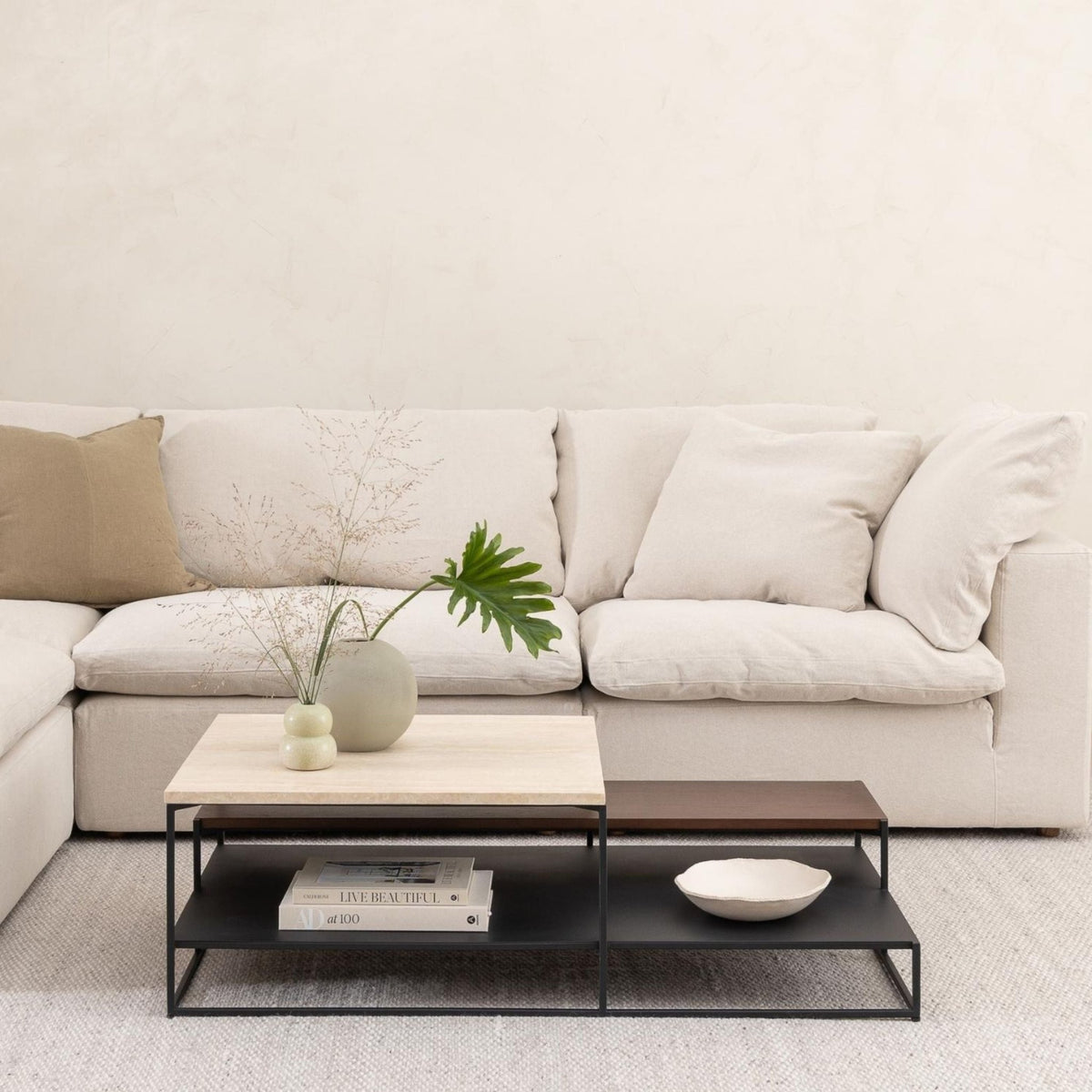 Podium Coffee Table - Travertine & Smoked Oak - Coffee Tables Tolv Loom Collection Dubai