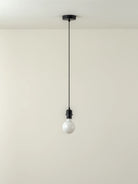 Single light bulb hanging from a black pendant - Loom Collection