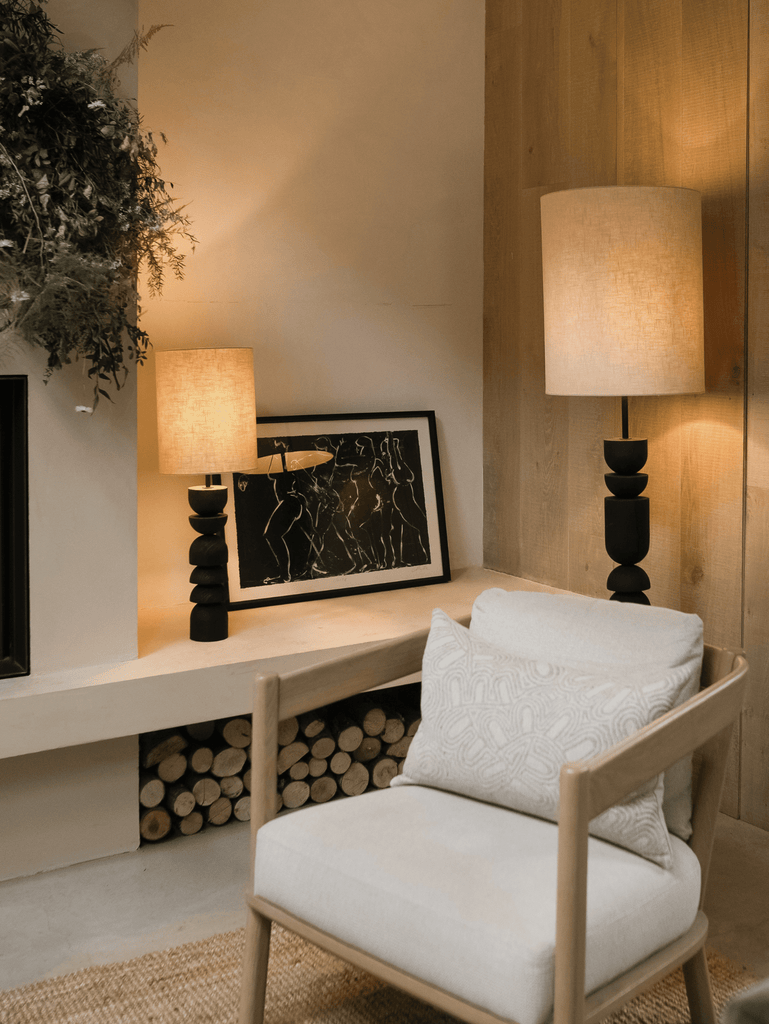 Aska - Tall Charred Wood And Natural Linen Table Lamp - Loom Collection