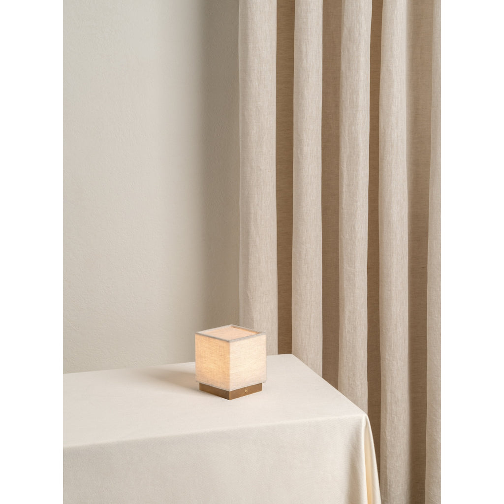 Cube - Aged Brass And Linen Rechargeable Table Lamp - Loom Collection