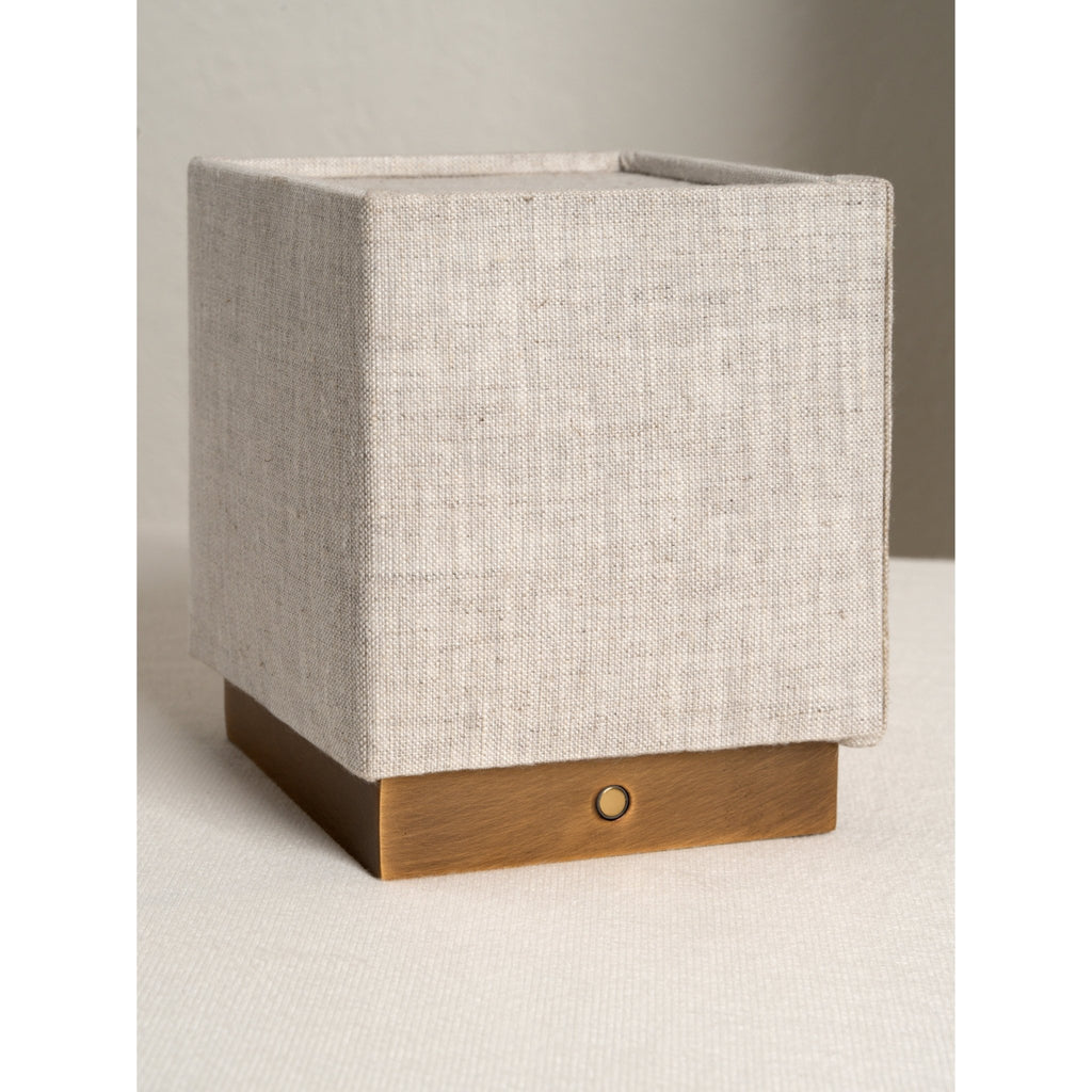 Cube - Aged Brass And Linen Rechargeable Table Lamp - Loom Collection