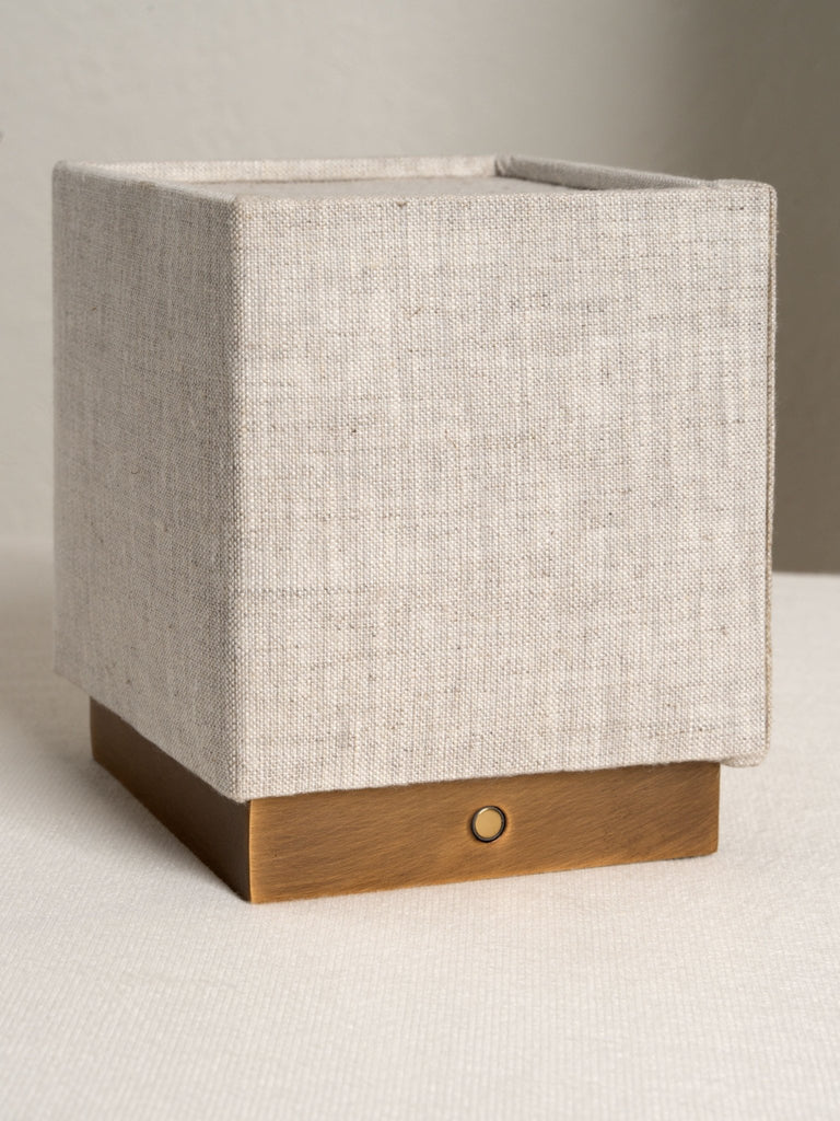 Cube - Aged Brass And Linen Rechargeable Table Lamp - Loom Collection