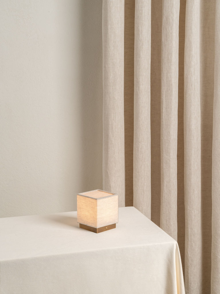 Cube - Aged Brass And Linen Rechargeable Table Lamp - Loom Collection