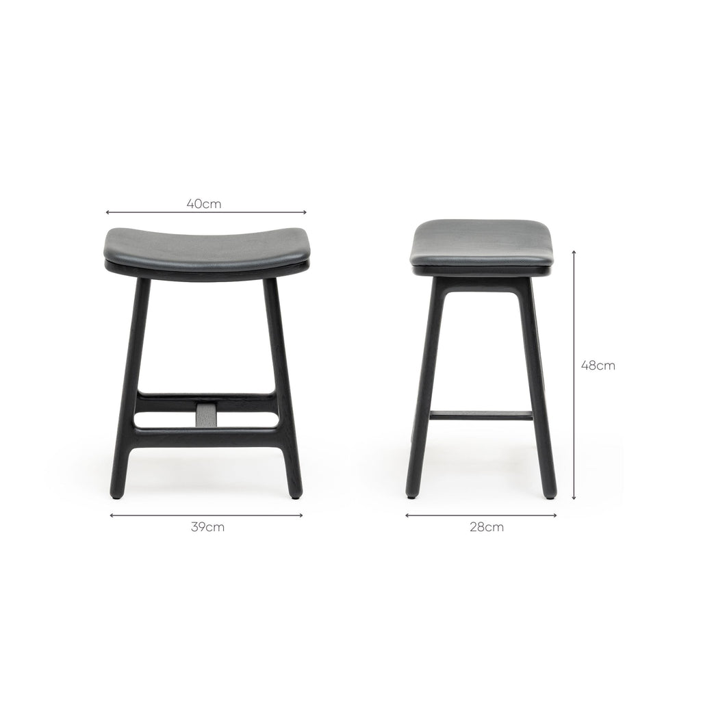 Odd Low Stool - Black Oak & Charcoal Leather - Bar & Counter Stools Tolv Loom Collection Dubai