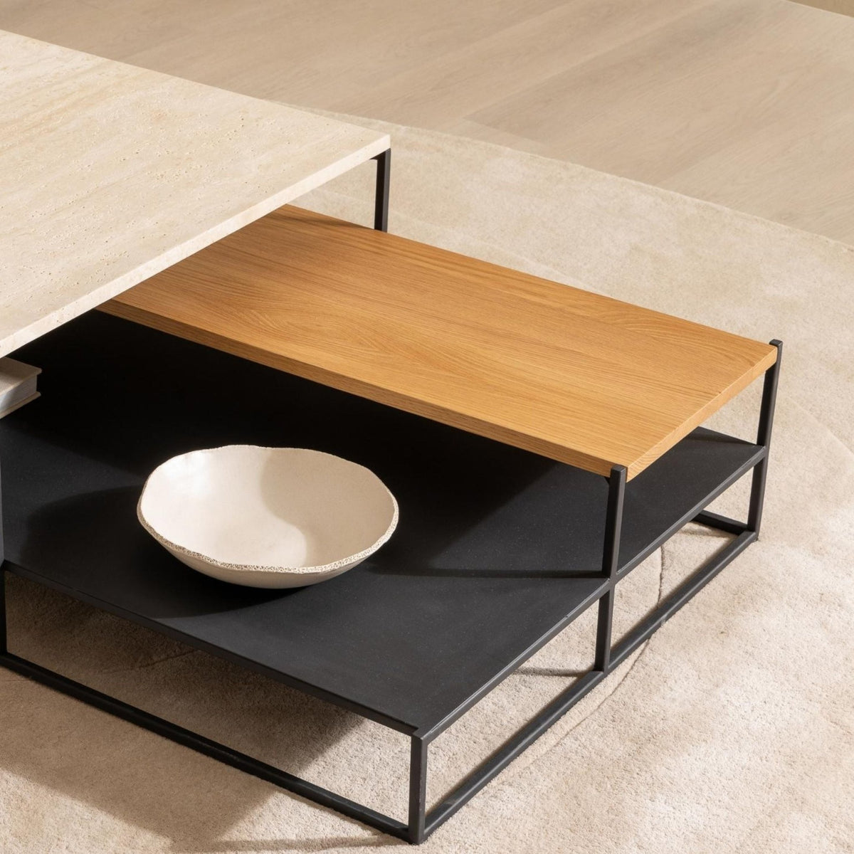 Podium Coffee Table - Travertine & Light Oak - Coffee Tables Tolv Loom Collection Dubai