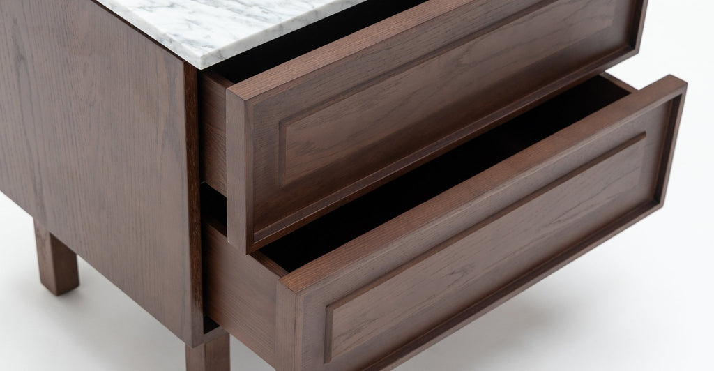 Yorke Nightstand - Smoked Oak & Bianca Carrara.