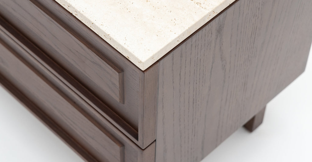 Yorke Nightstand - Smoked Oak & Travertine.