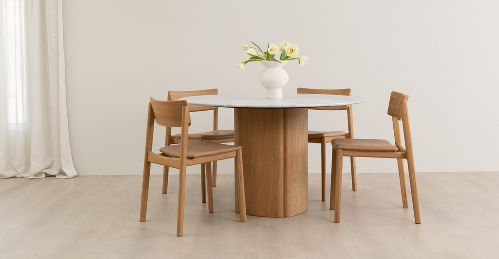 Tathra 125 Table - Light Oak & Bianca Carrara.