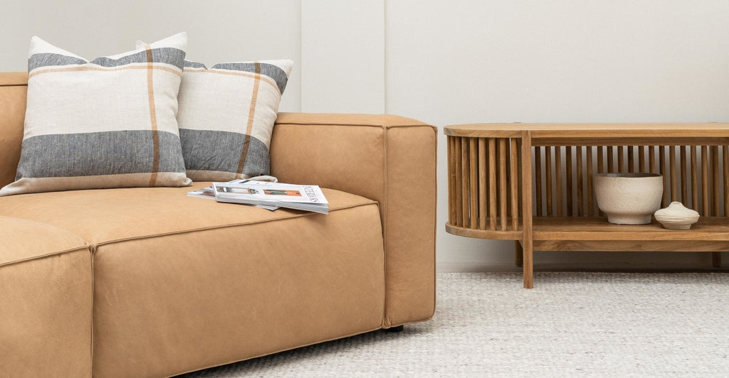 Baker Curved Sofa - Pecan Leather.