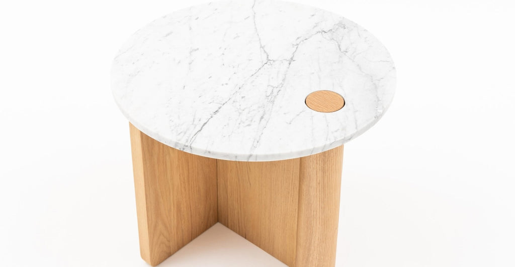 Pivot Side Table - Light Oak & Bianca Carrara.