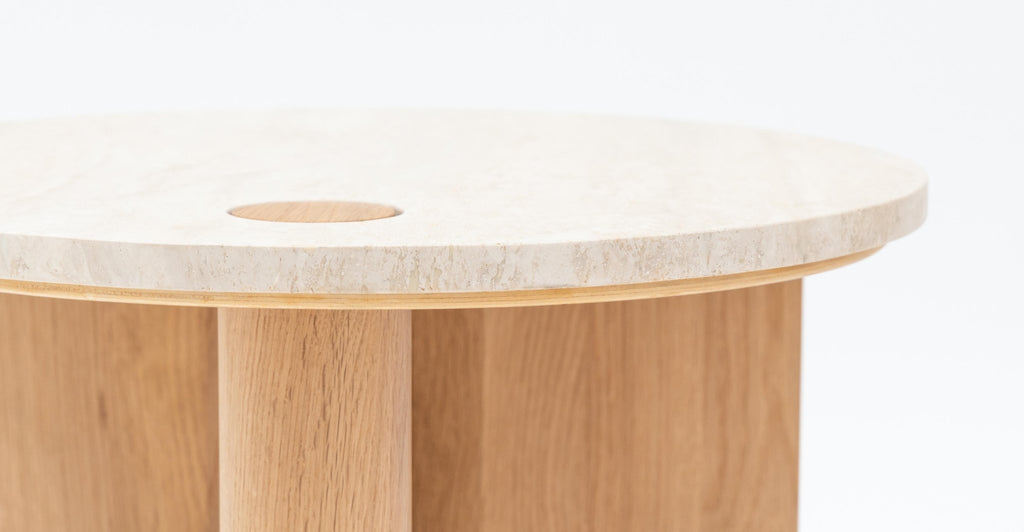 Pivot Side Table - Light Oak & Travertine.