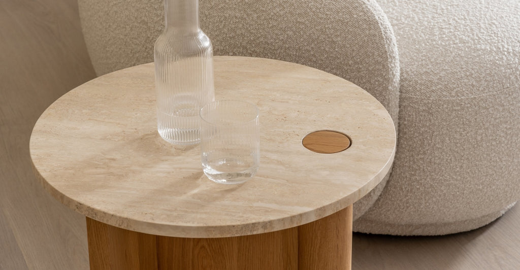 Pivot Side Table - Light Oak & Travertine.