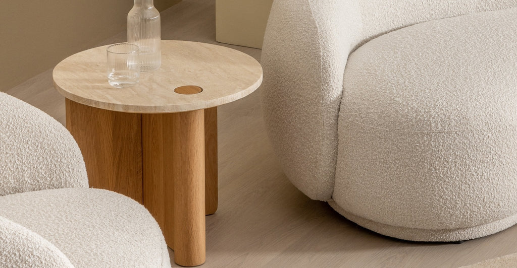 Pivot Side Table - Light Oak & Travertine.