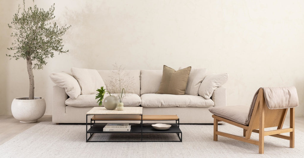 Podium Coffee Table - Travertine & Light Oak.