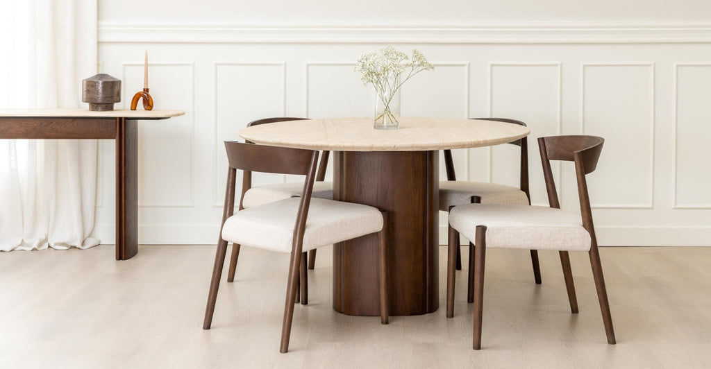 Tathra 125 Table - Smoked Oak & Travertine.