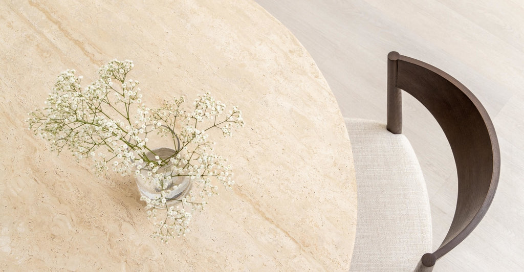 Tathra 125 Table - Smoked Oak & Travertine.