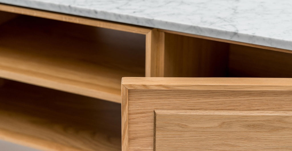 Yorke 220 Entertainment Unit - Light Oak & Bianca Carrara.