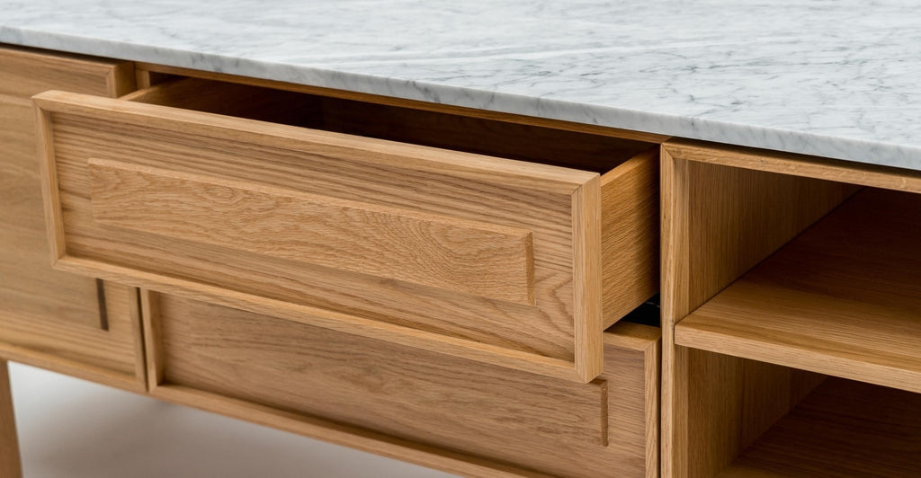 Yorke 220 Entertainment Unit - Light Oak & Bianca Carrara.