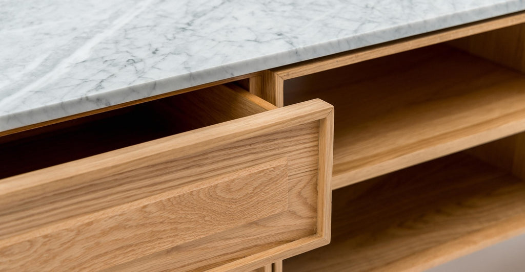 Yorke 220 Entertainment Unit - Light Oak & Bianca Carrara.