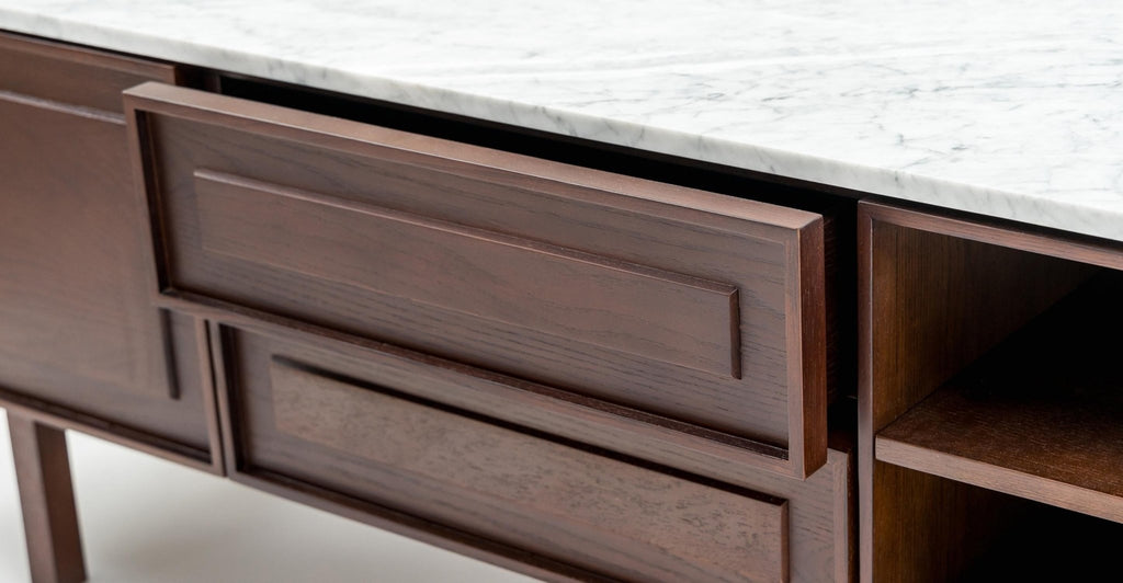 Yorke 220 Entertainment Unit - Smoked Oak & Bianca Carrara.